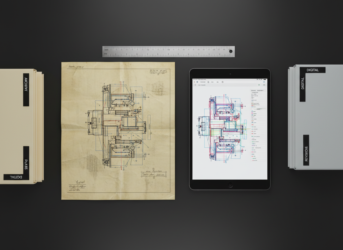 An organized pairing of a worn, folded paper industrial schematic beside its freshly digitized counterpart on a slim tablet, both resting on a matte black workbench in a technical documentation lab. The paper drawing shows creases, smudged pencil notes, and faded ink lines, while the tablet displays the same layout with crisp vector lines, clear color coding, and tidy annotation layers. A steel ruler and labeled folders are neatly arranged around them. Neutral, diffused studio lighting from above minimizes harsh shadows, creating even illumination across both versions. Photographed from a top-down bird’s-eye view with perfect sharpness from edge to edge, the mood is methodical and efficient, emphasizing transformation from analog to digital within a clean, professional, photographic realism style.