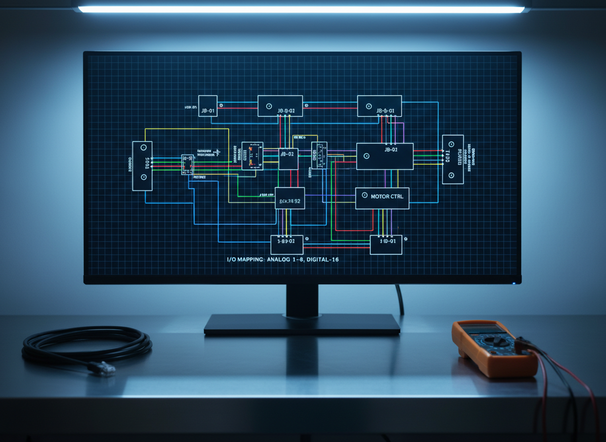 A high-resolution close-up of a rugged industrial control panel schematic displayed on a large 4K monitor in a minimalist, technology-focused workspace. The screen shows color-coded lines, labeled junction boxes, and detailed I/O mappings over a dark grid background, with crisp, luminous graphics. A sturdy, brushed aluminum desk supports the monitor, with a neatly coiled Ethernet cable and a precision multimeter resting nearby. Soft overhead LED lighting combines with faint ambient blue light from the monitor, casting cool highlights on the metal surfaces and creating a calm, focused atmosphere. Captured straight-on at eye level with shallow depth of field that keeps the schematic in razor-sharp focus while gently blurring the peripherals, the image embodies photographic realism, clarity, and methodical precision.