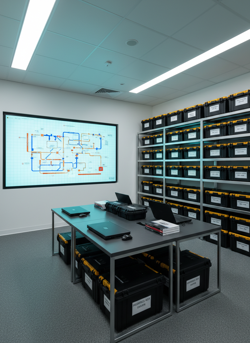 A detailed industrial floor plan schematic displayed on a large, wall-mounted screen in a compact field support planning room, surrounded by orderly shelves of labeled equipment cases and rugged laptops closed on a central table. The schematic shows production lines, conveyors, and safety zones in precise color-coded layers over a light gray grid. Cool white LED ceiling panels provide uniform, shadow-free illumination, while the screen’s glow adds a faint cyan tint to nearby surfaces. Captured from a slightly wide, eye-level perspective using the rule of thirds to feature the screen prominently, the image maintains sharp focus across the room. The atmosphere is calm, prepared, and highly organized, conveying a professional, photographic realism aesthetic tailored to on-site technical coordination.